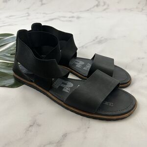 Sorel Womens Ella Flat Sandals Size 10 Black Leather Ankle Wrap Straps